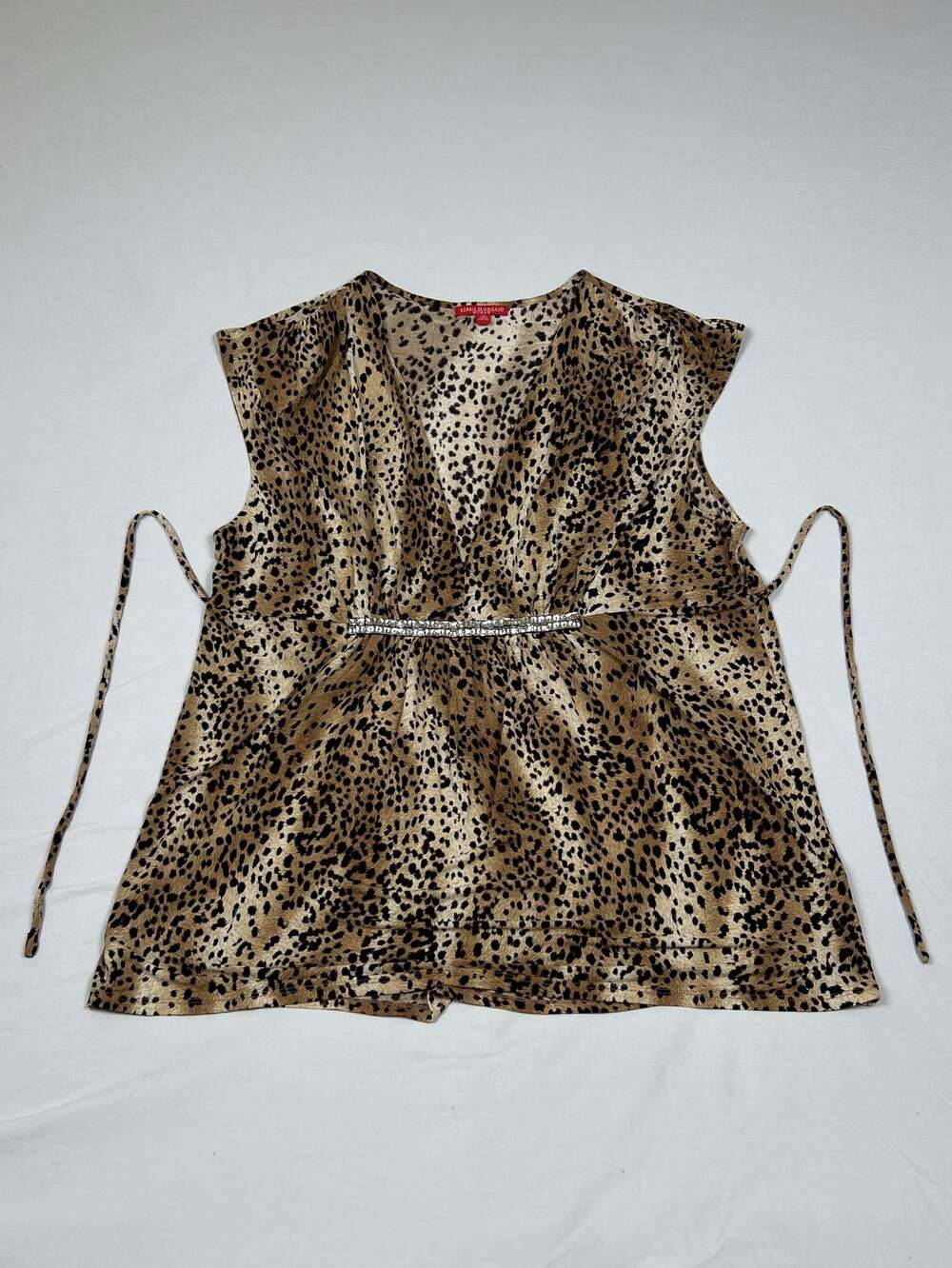 Debbie Morgan Woman Leopard Print Rhinestone Trim V-Neck Blouse Size 1X